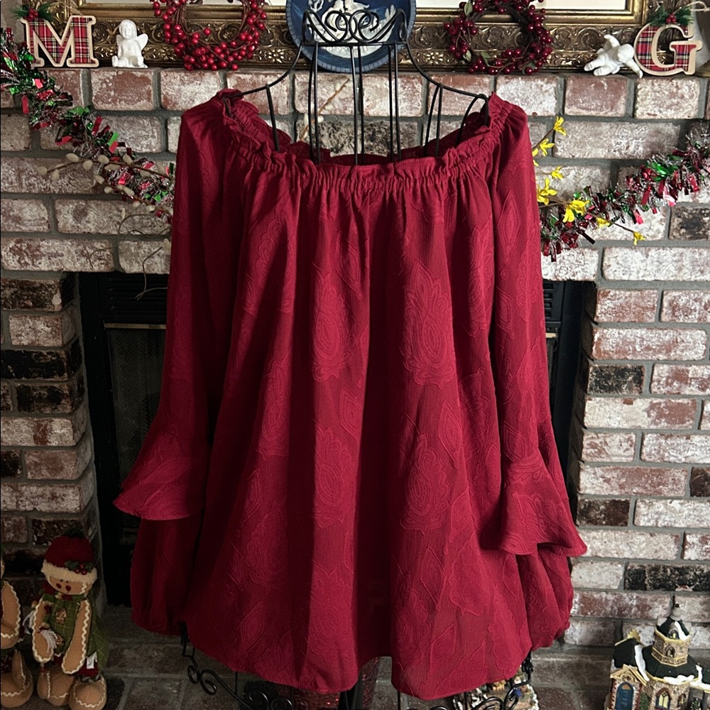 Women’s Burgundy Paisley Sheer Ruffle off the shoulder Balloon Sleeve Blouse